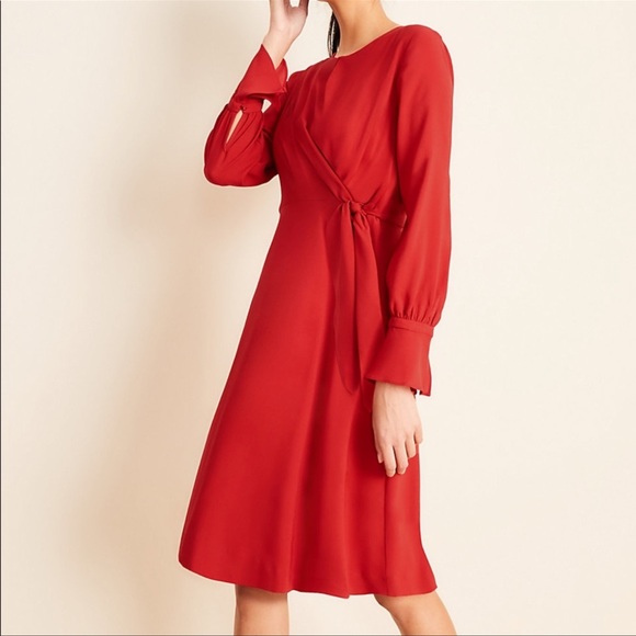 NWT ANN TAYLOR Keyhole Tie Front Flare Dress | Zesty Red - Picture 1 of 9